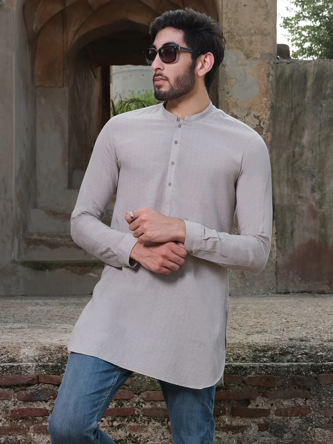 Light Grey Woven Kurta - AL-K-874