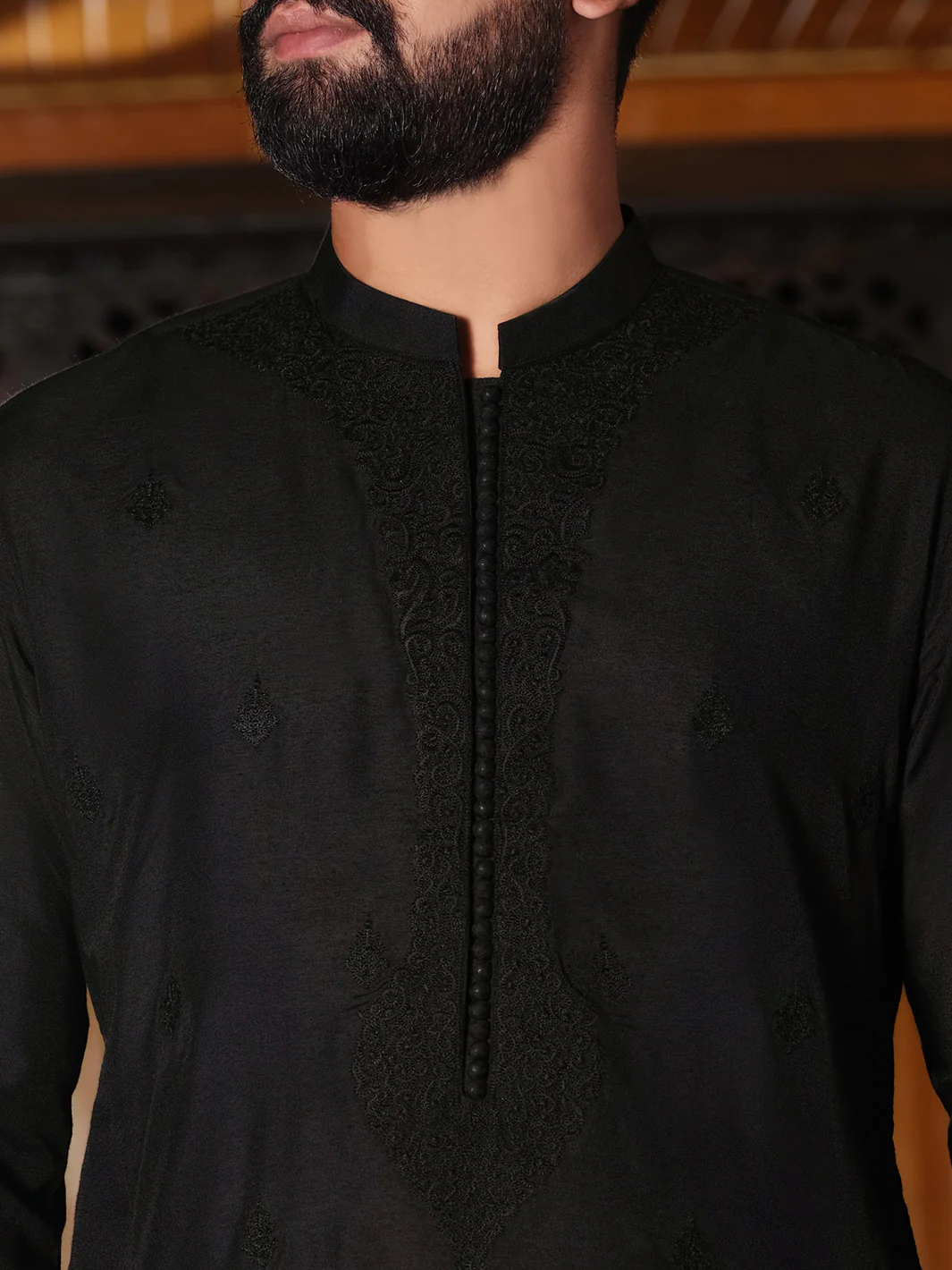 Black Cotton Silk Formal Kurta - AL-K-SP-025A - Image 2