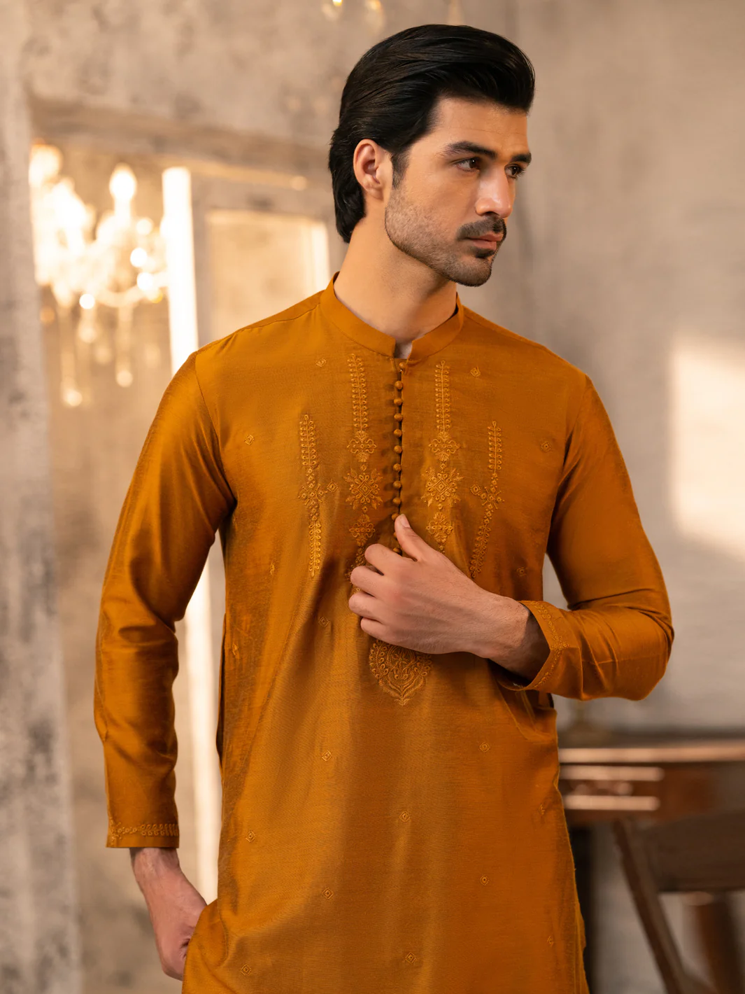 Mustard Formal Embroidered Kurta - AL-K-SP-069 - Image 2