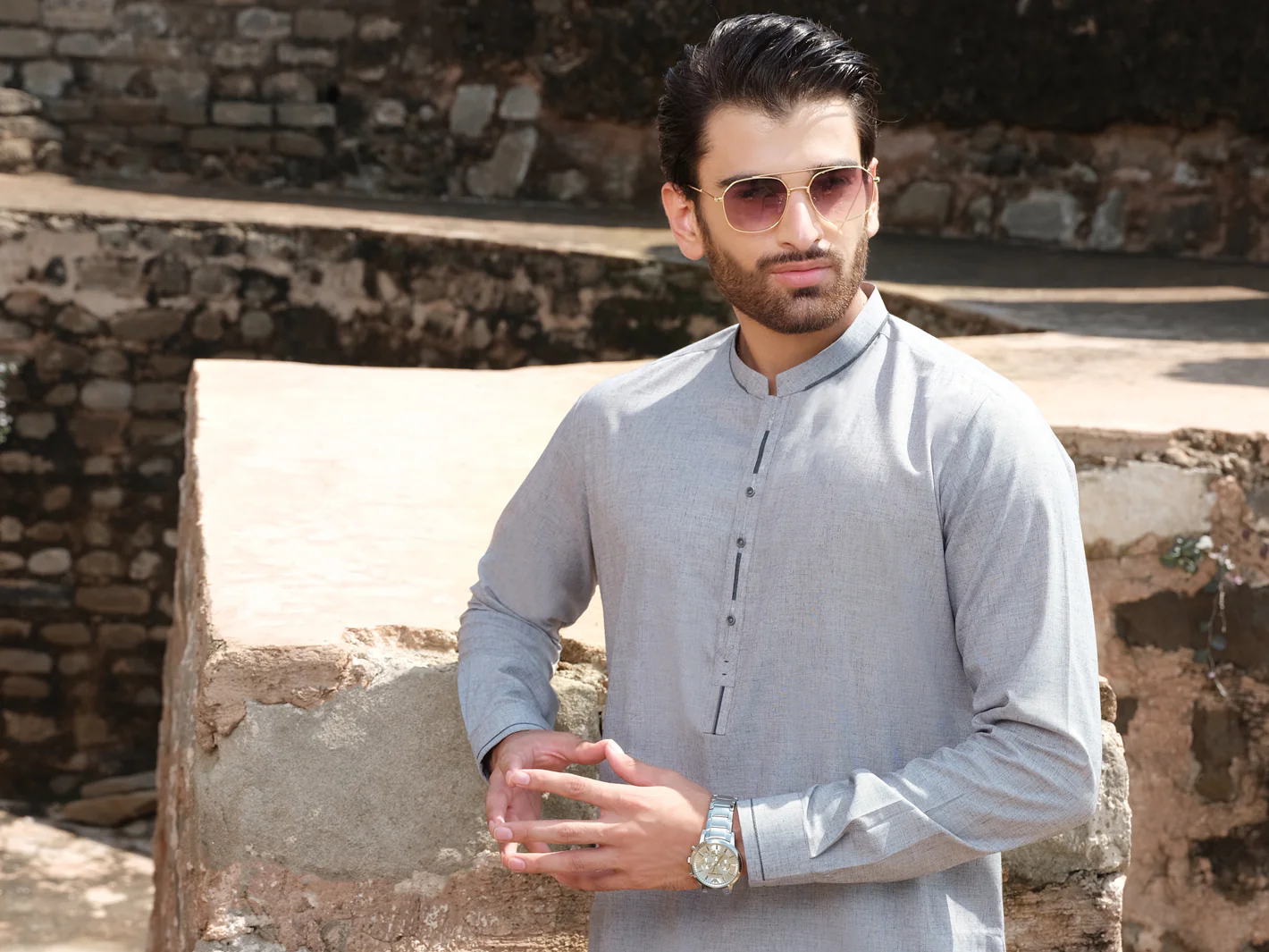 Light Gray Blended Kameez Shalwar - AL-KS-2549 - Image 4