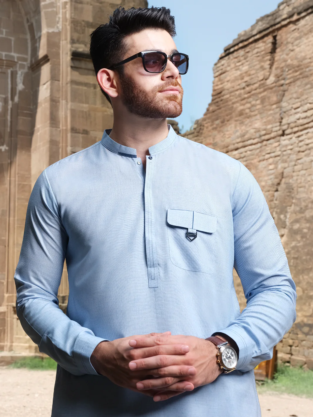 Ice Blue Blended Kurta Pajama - AL-KS-2559 - Image 2