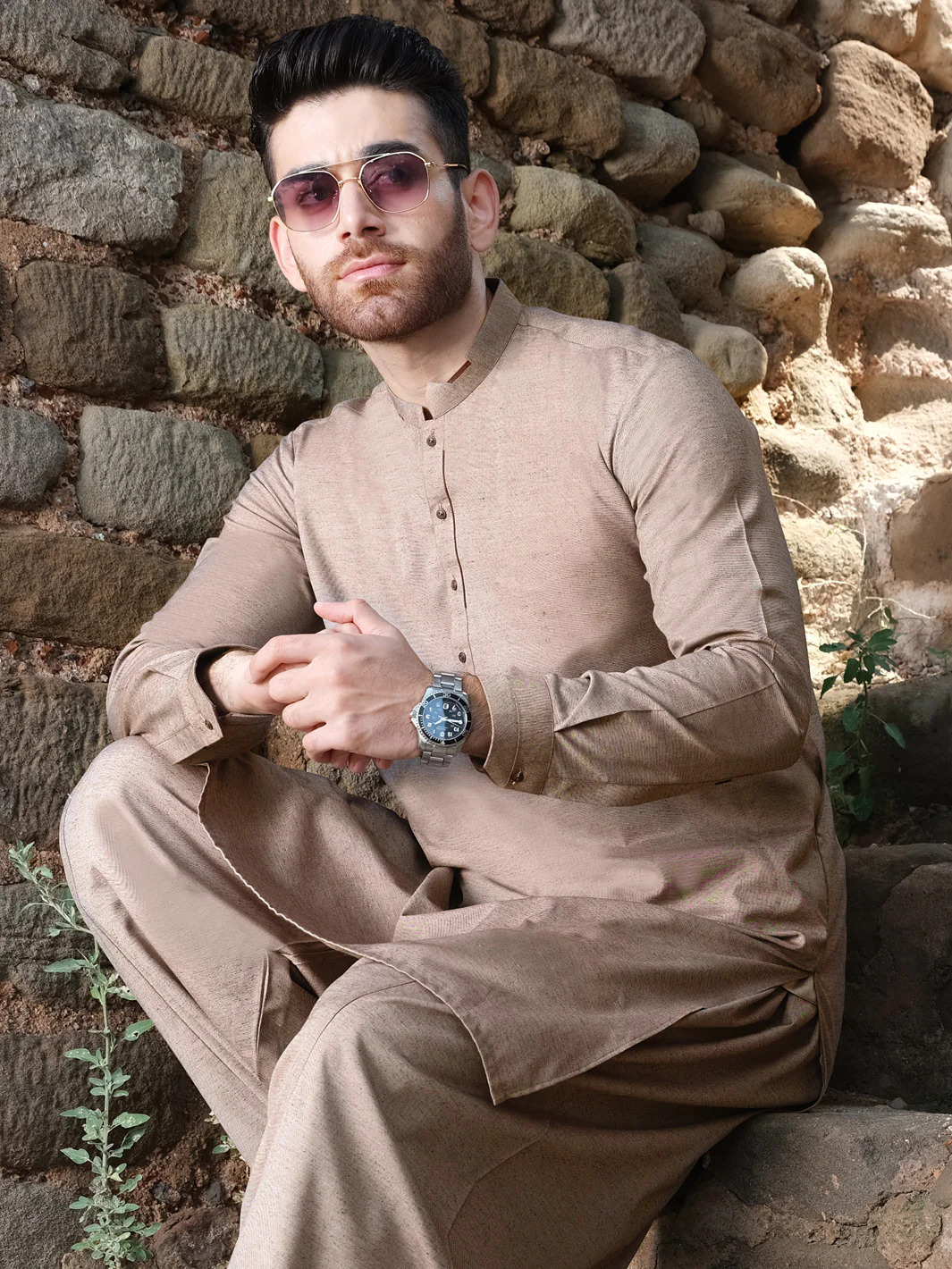 Light Brown Blended Kameez Shalwar - AL-KS-2571 - Image 2