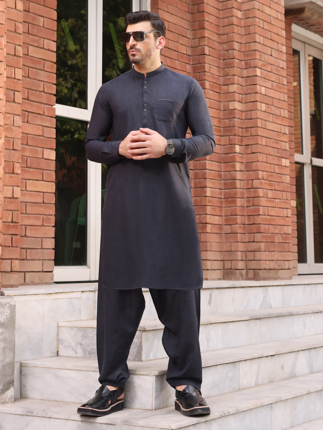 Charcoal Grey Blended Kameez Shalwar - AL-KS-2604