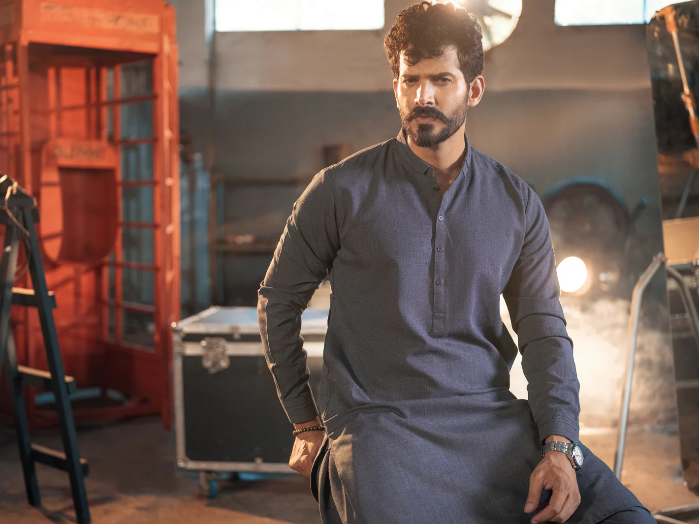 Charcoal Grey Blended Kurta Shalwar - AL-KS-2650 - Image 3
