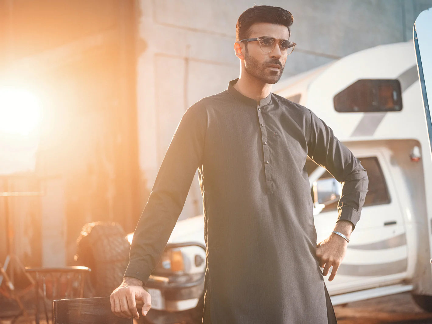 Charcoal Grey Blended Kurta Shalwar - AL-KS-2687 - Image 3