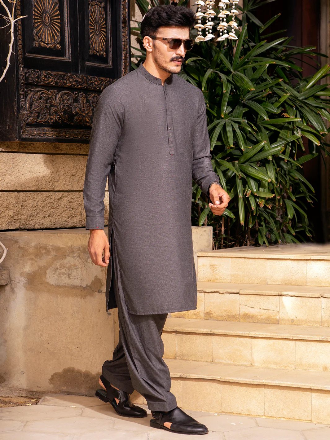 Charcoal Grey Blended Kameez Shalwar - AL-KS-2695 - Image 2