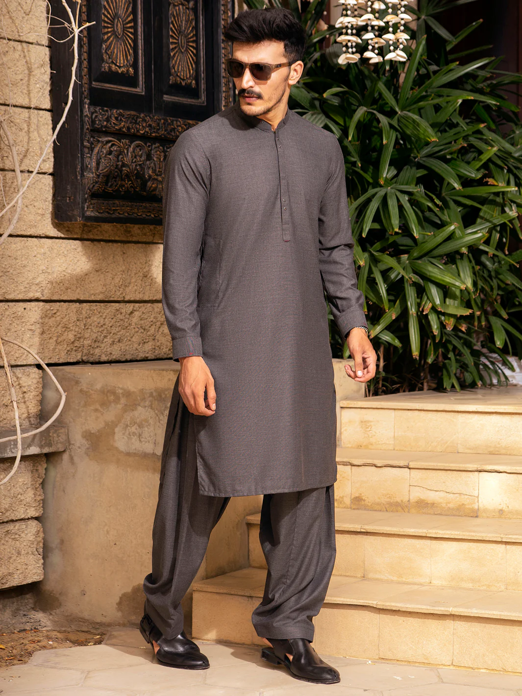 Charcoal Grey Blended Kameez Shalwar - AL-KS-2695 - Image 3