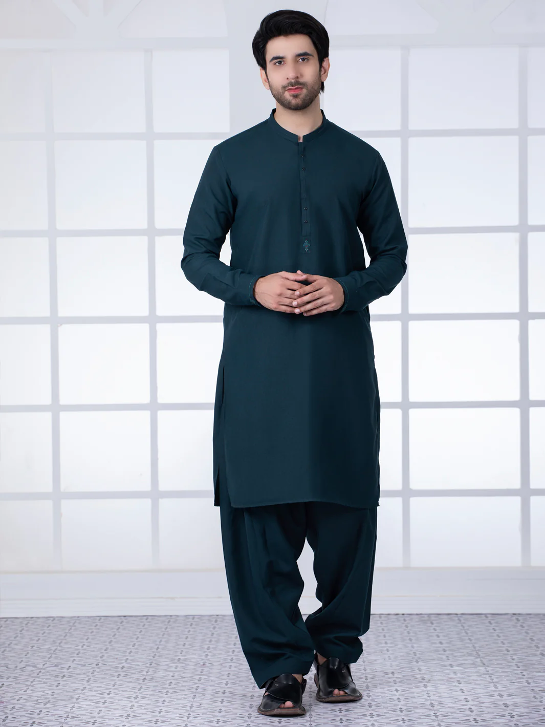 Dark Green Blended Kameez Shalwar - AL-KS-2788 - Image 4
