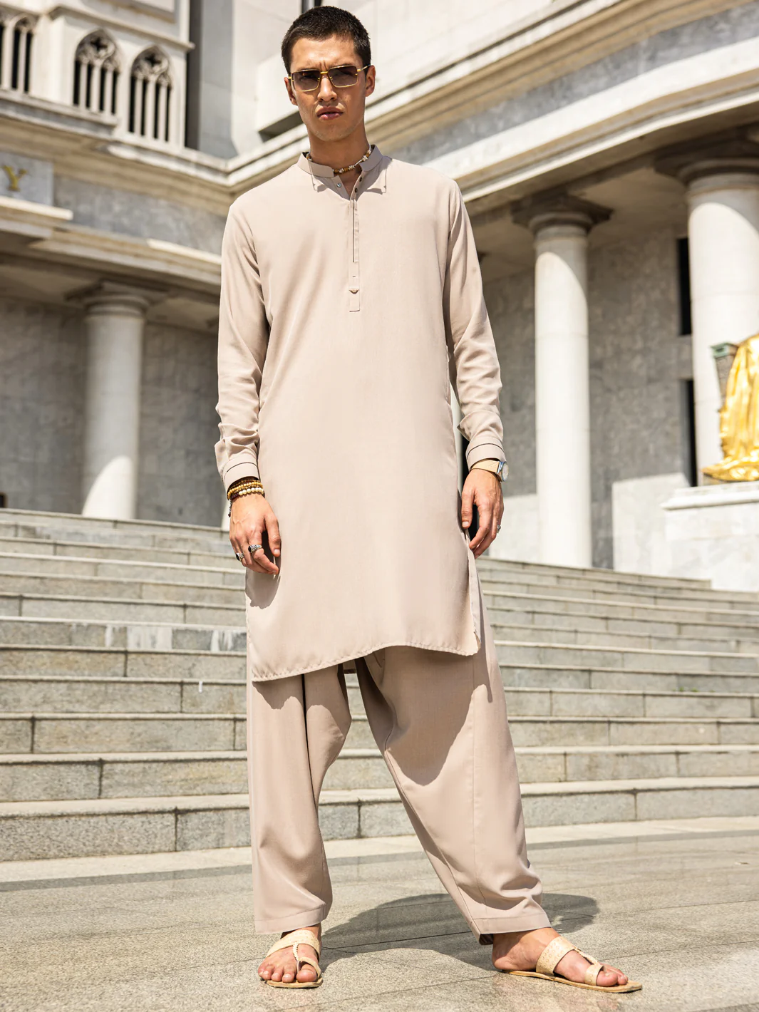 Beige Blended Kameez Shalwar - AL-KS-2993