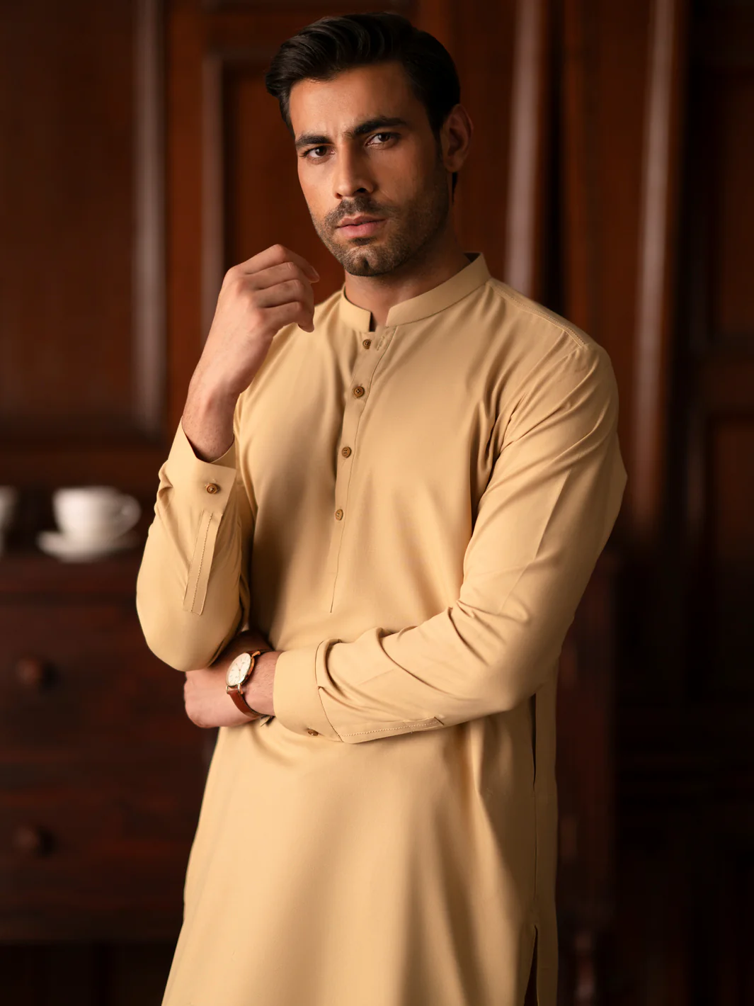 Beige Blended Kameez Shalwar - AL-KS-3132 - Image 3