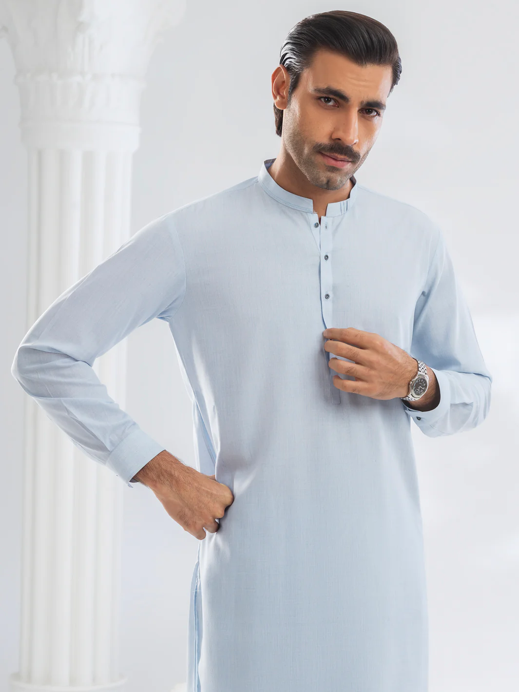 Light Blue Blended Kameez Shalwar - AL-KS-3163 - Image 2