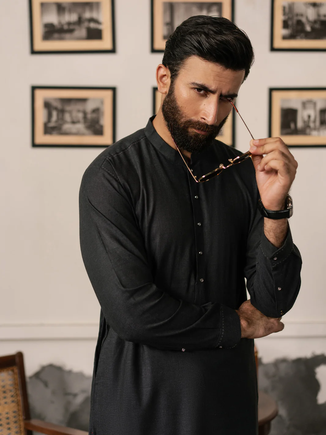 Charcoal Grey Blended Kameez Shalwar - AL-KS-3185 - Image 2