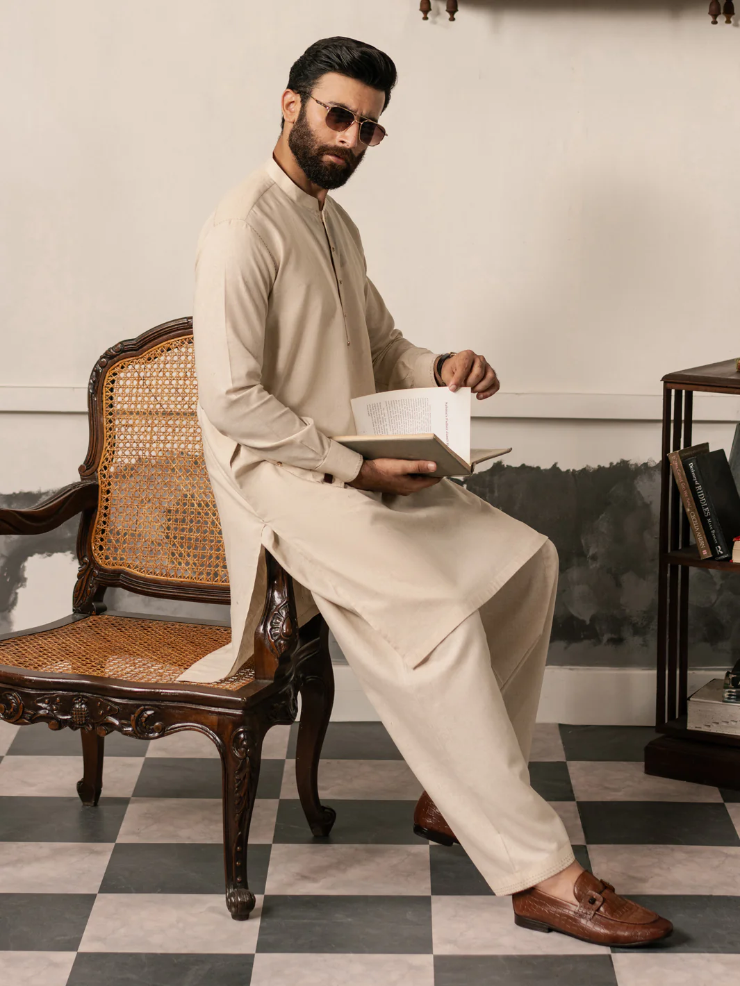 Beige Blended Kameez Shalwar - AL-KS-3187 - Image 5