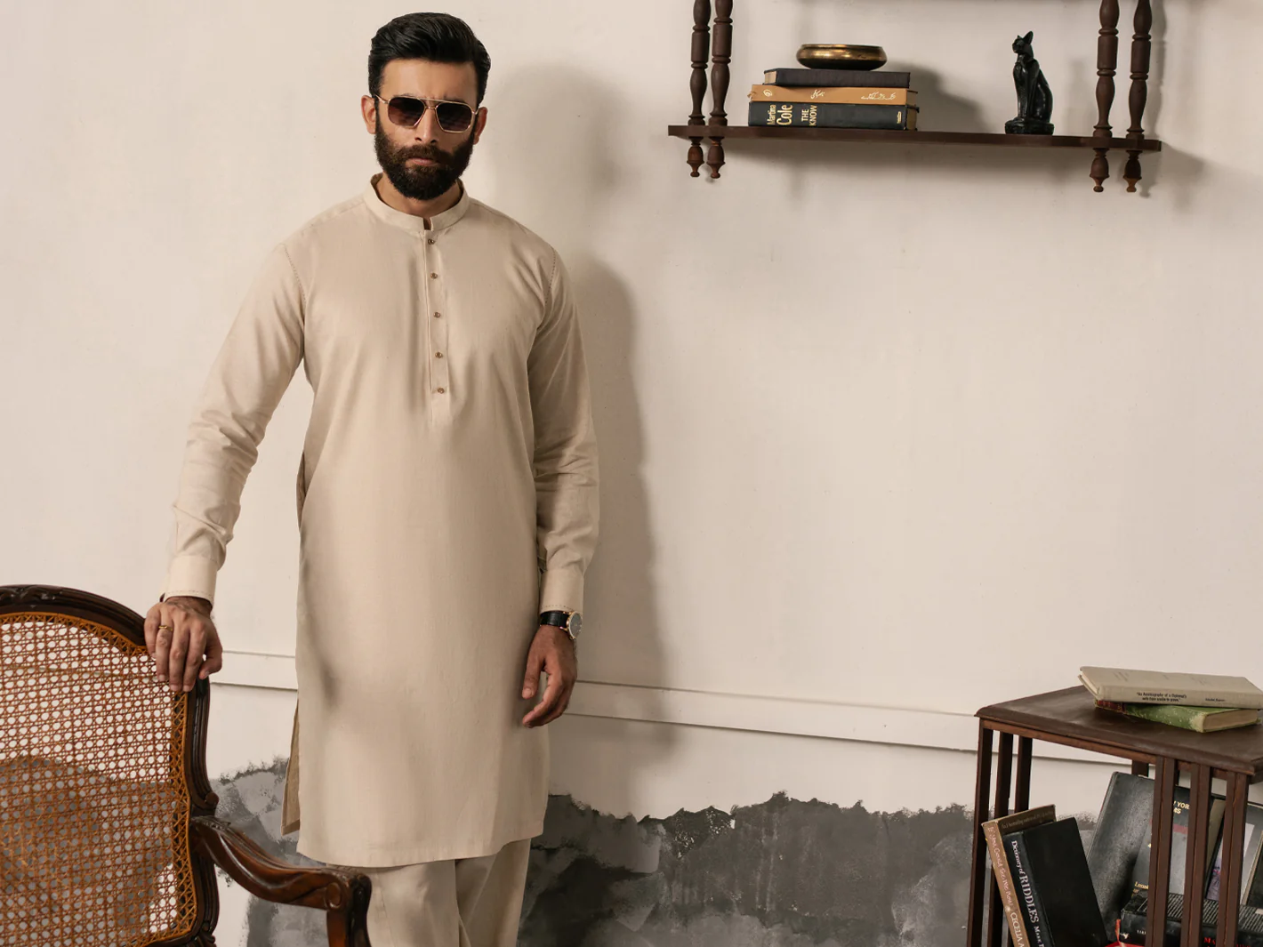 Beige Blended Kameez Shalwar - AL-KS-3187 - Image 6