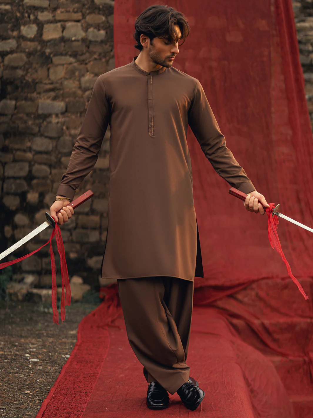 Brown Semi-Formal Kameez Shalwar - AL-KS-3253 - Image 3