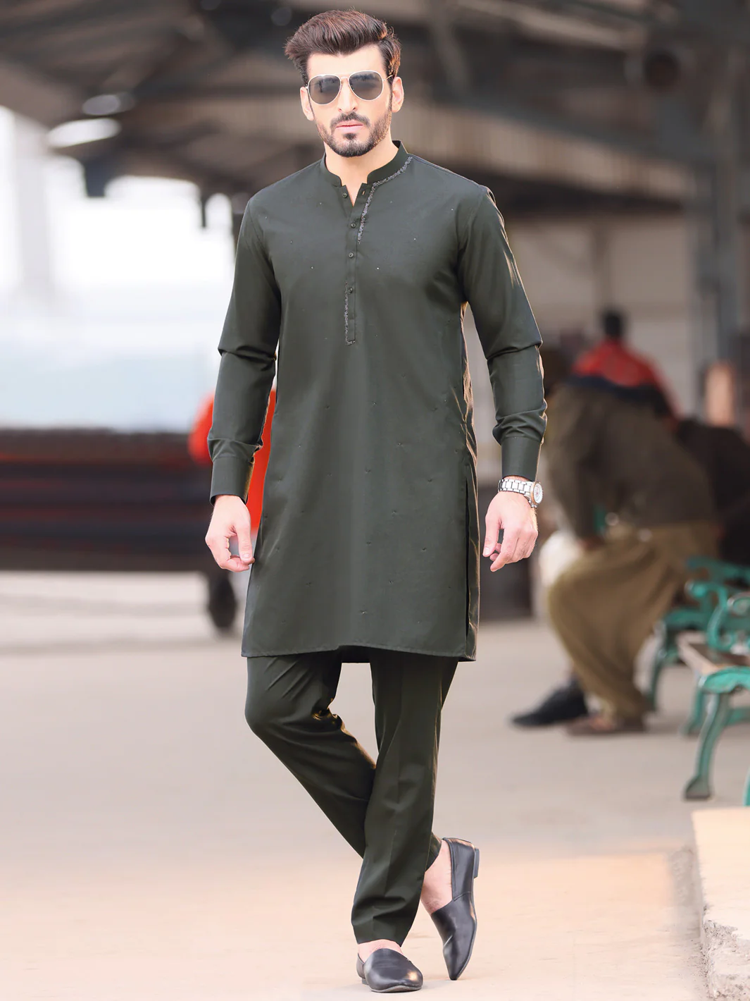 Dark Green Blended Kurta Pajama - AL-KT-2584