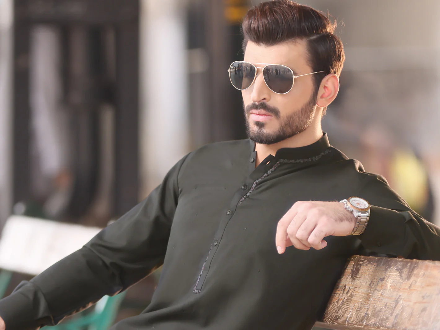 Dark Green Blended Kurta Pajama - AL-KT-2584 - Image 3