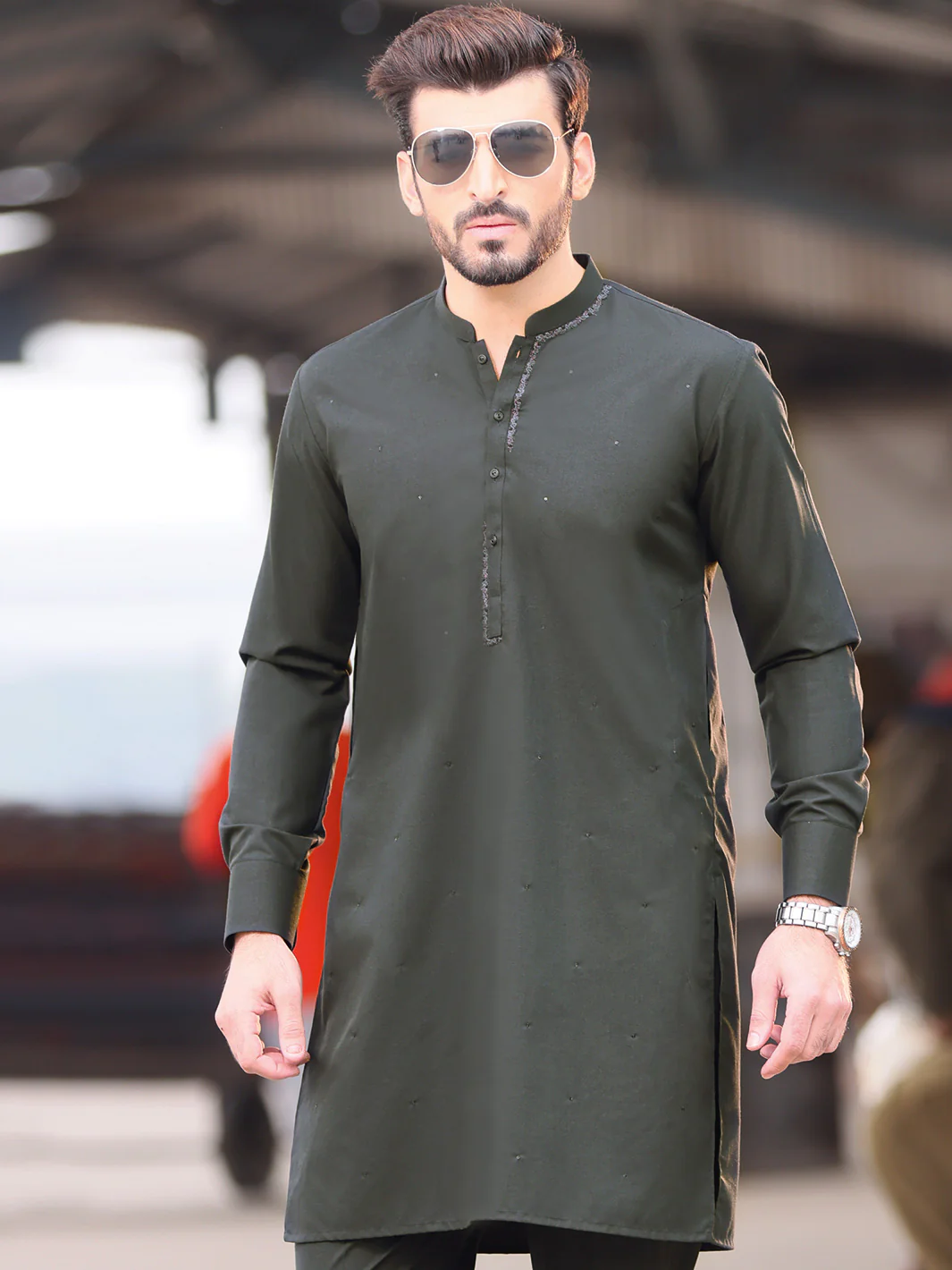Dark Green Blended Kurta Pajama - AL-KT-2584 - Image 4