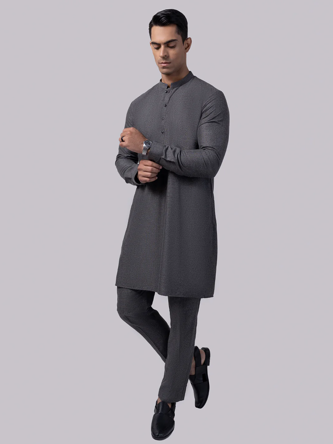Charcoal Grey Blended Kurta Trouser - AL-KT-3009