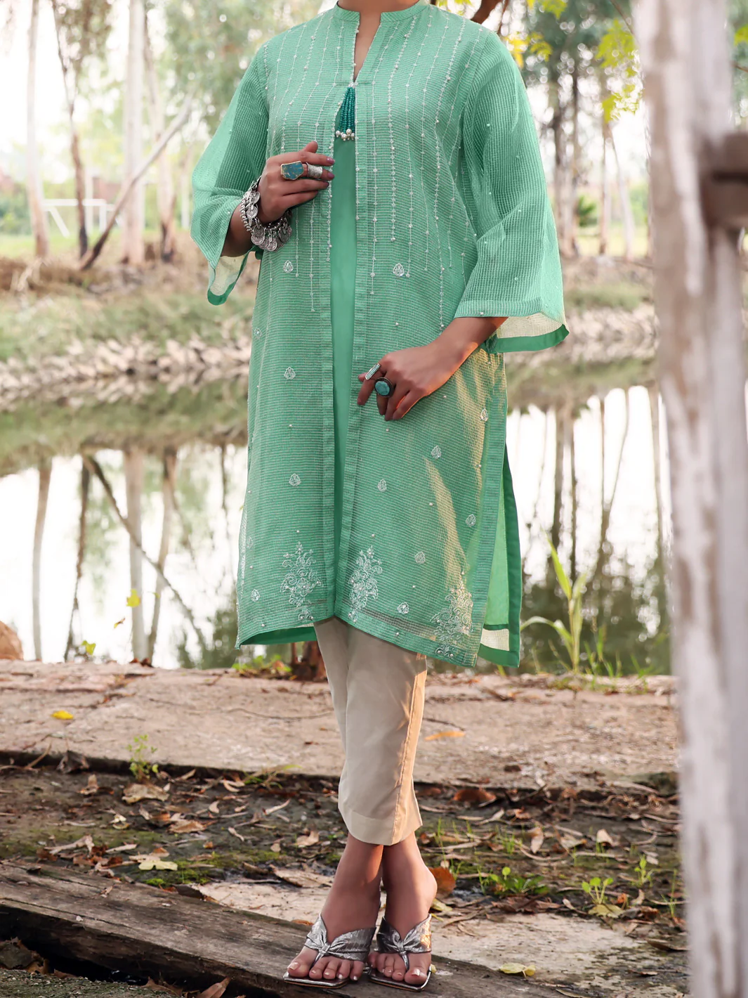 Green Khaddi Net Tunic - AL-LK-778