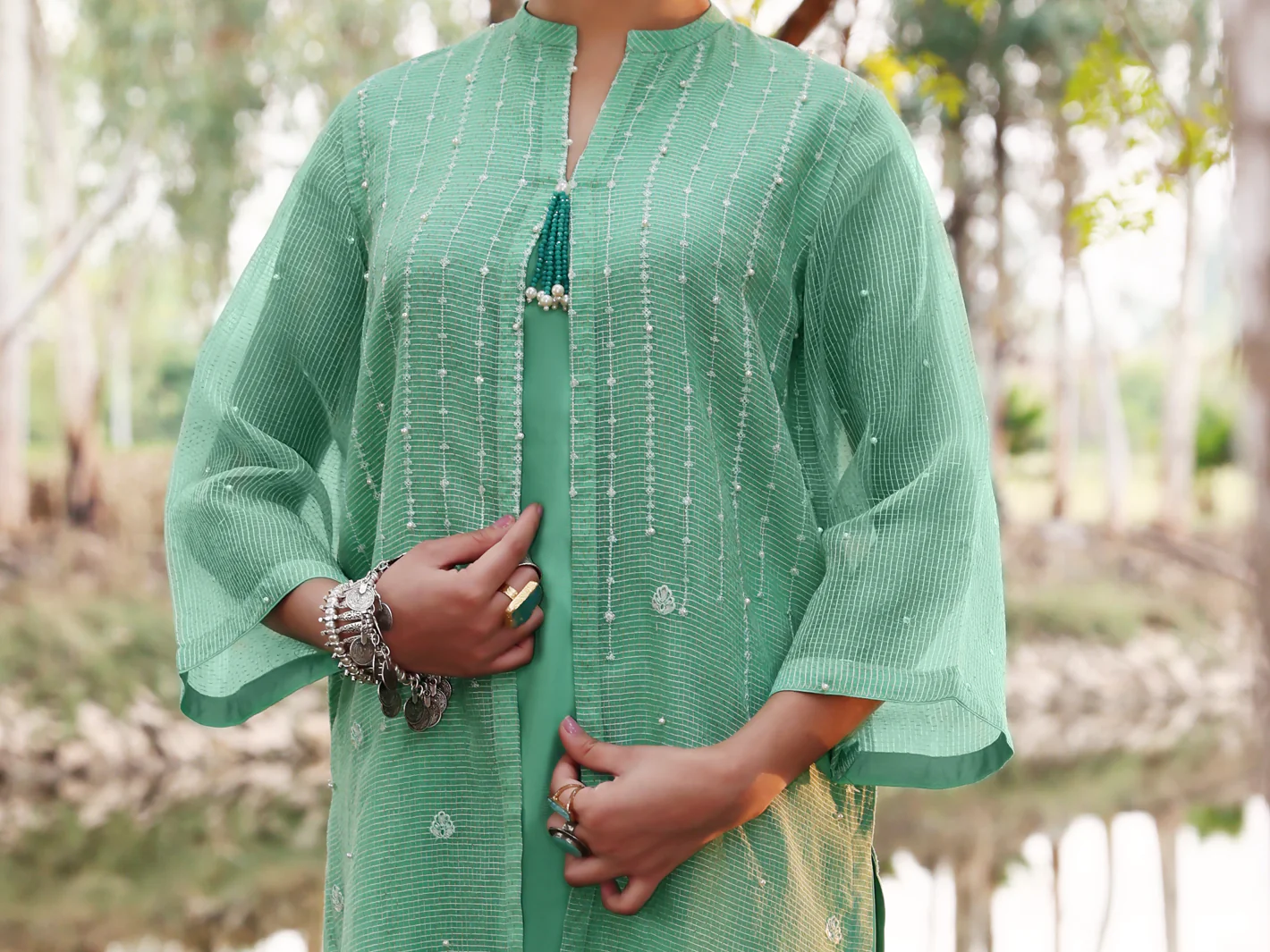 Green Khaddi Net Tunic - AL-LK-778 - Image 3