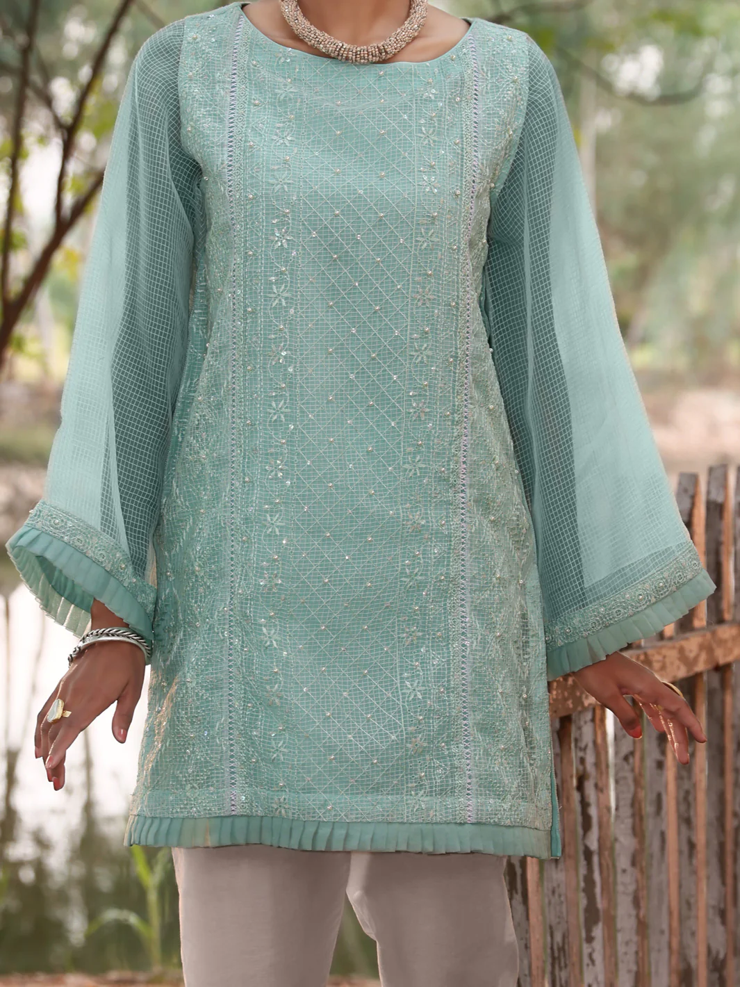 Sea Green Khaddi Net Tunic - AL-LK-780 - Image 2