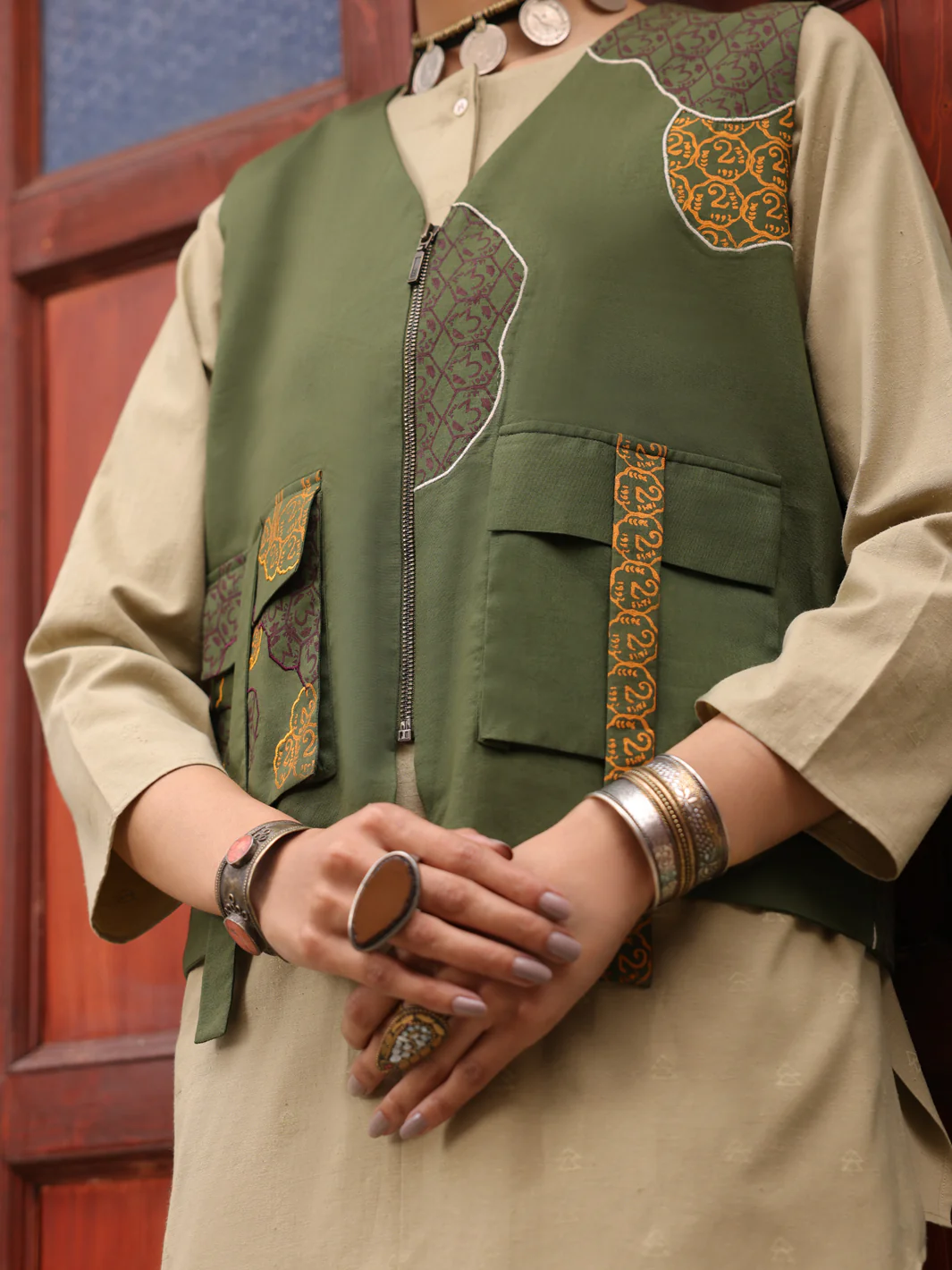 Green Mehndi Cambric Waistcoat - AL-LK-LCT-917 - Image 3