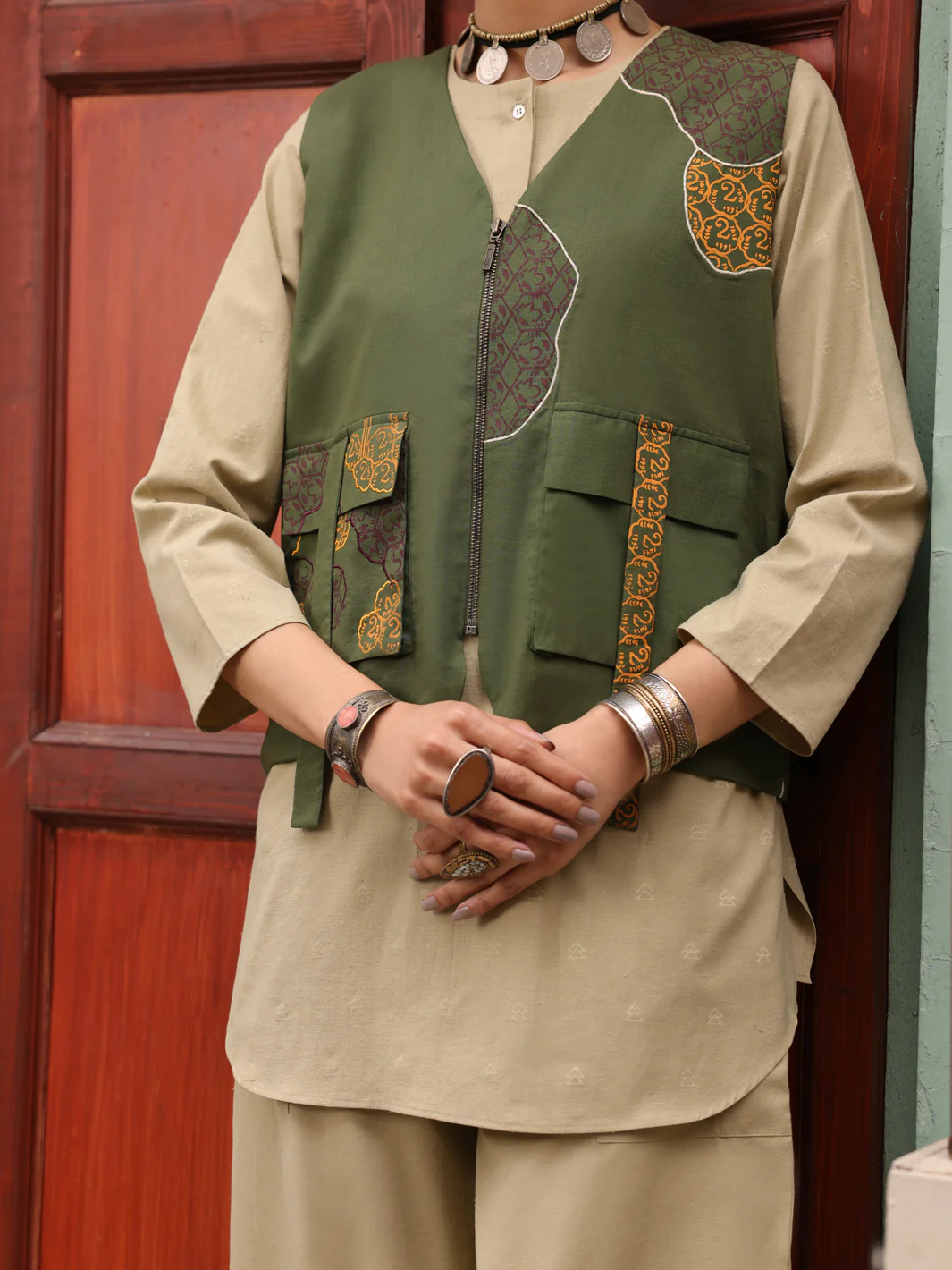 Green Mehndi Cambric Waistcoat - AL-LK-LCT-917 - Image 4