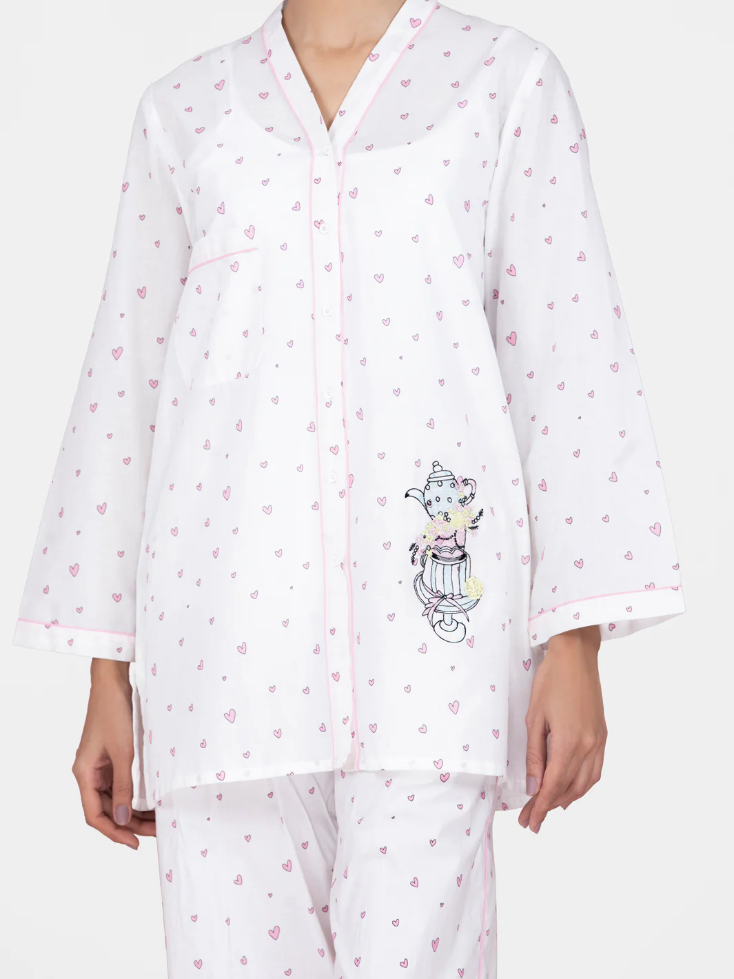 White Cotton 2 Piece Stitched Nightwear - AL-LKS-NW-1014 - Image 3