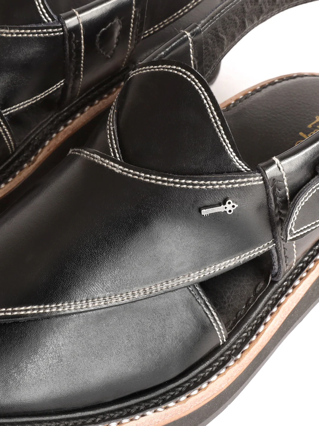 Black Leather Peshawari Chappal - MFW-HCK-132 - Image 2