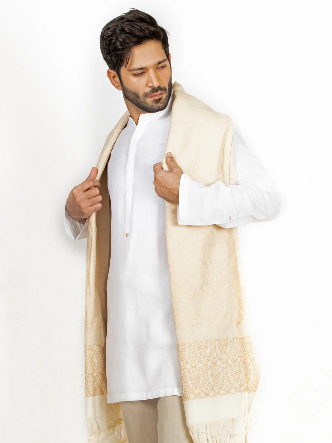 Cream Cotton Stole - AL-MST-044 - Image 2