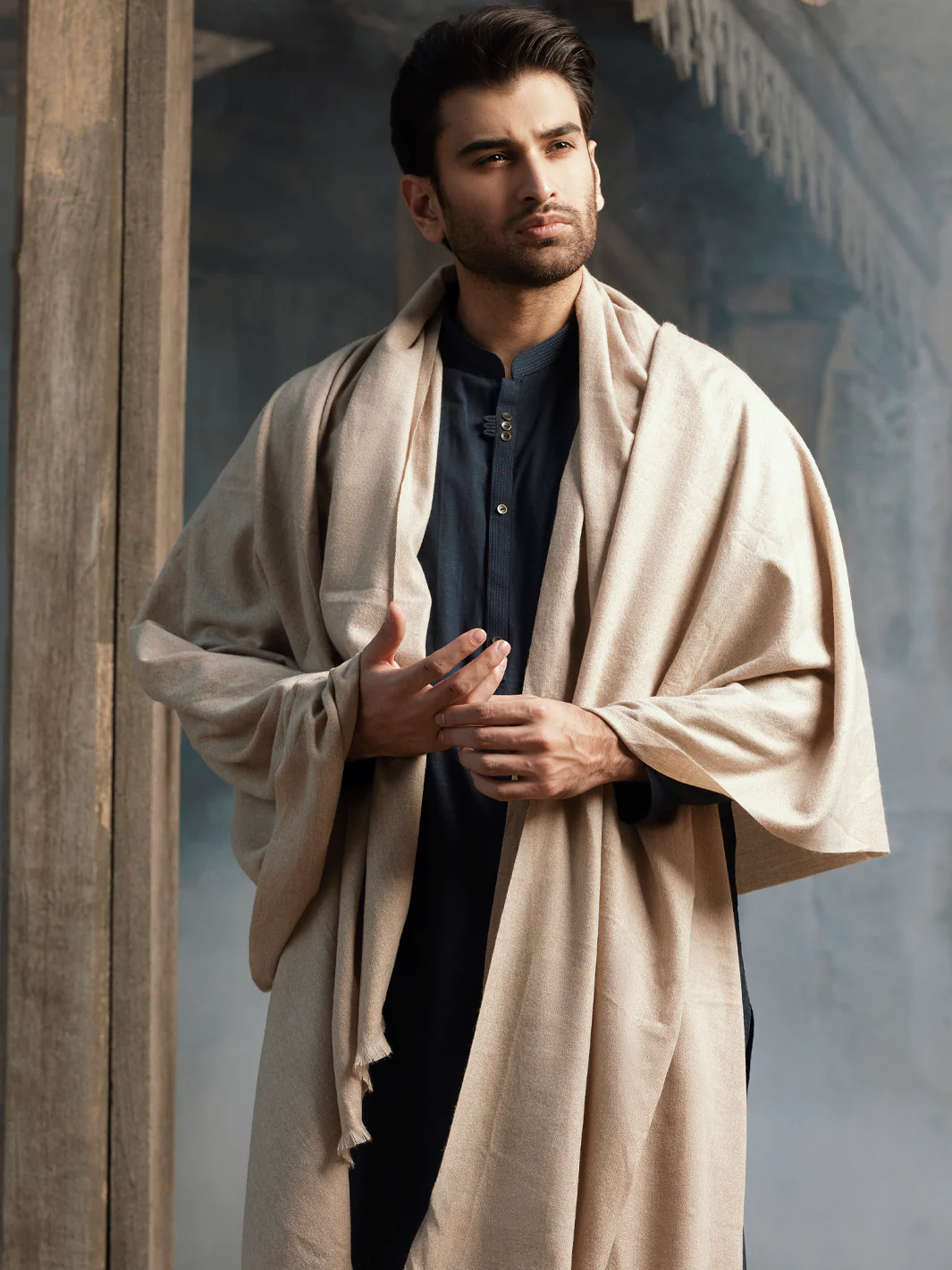 Beige Blended Shawl For Men - AL-SH-003 - Image 2