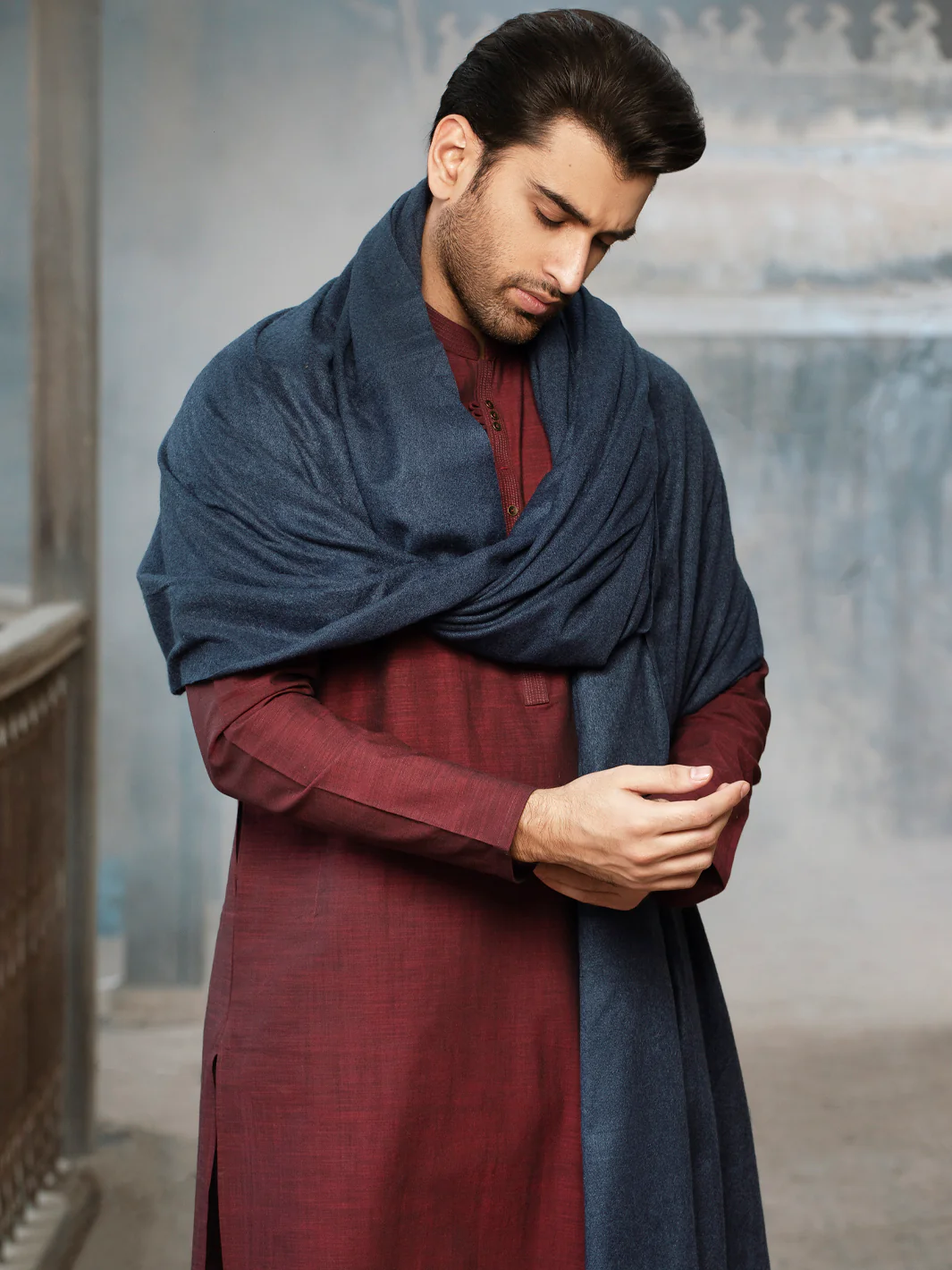 Blue Blended Shawl For Men - AL-SH-005 - Image 2