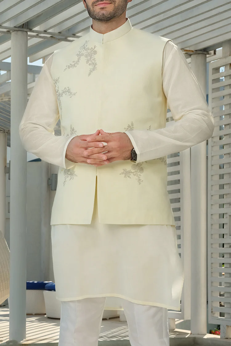 Light Yellow Khaddar Waistcoat - AL-WC-314