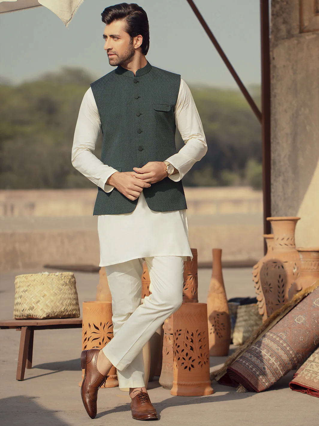 Dark Green Woven Waistcoat - AL-WC-353