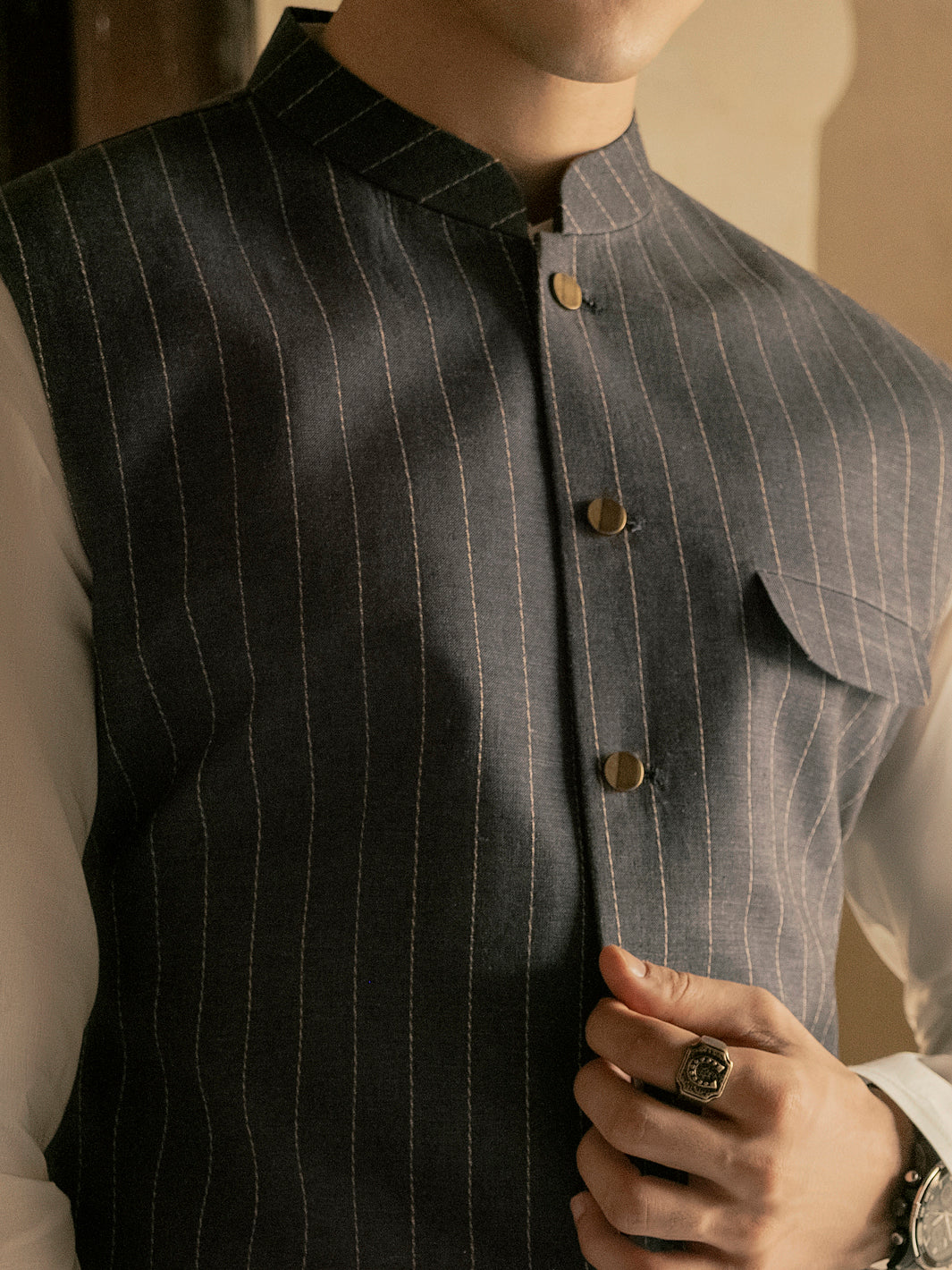 Blue Linen Waistcoat - AL-WC-421 - Image 6