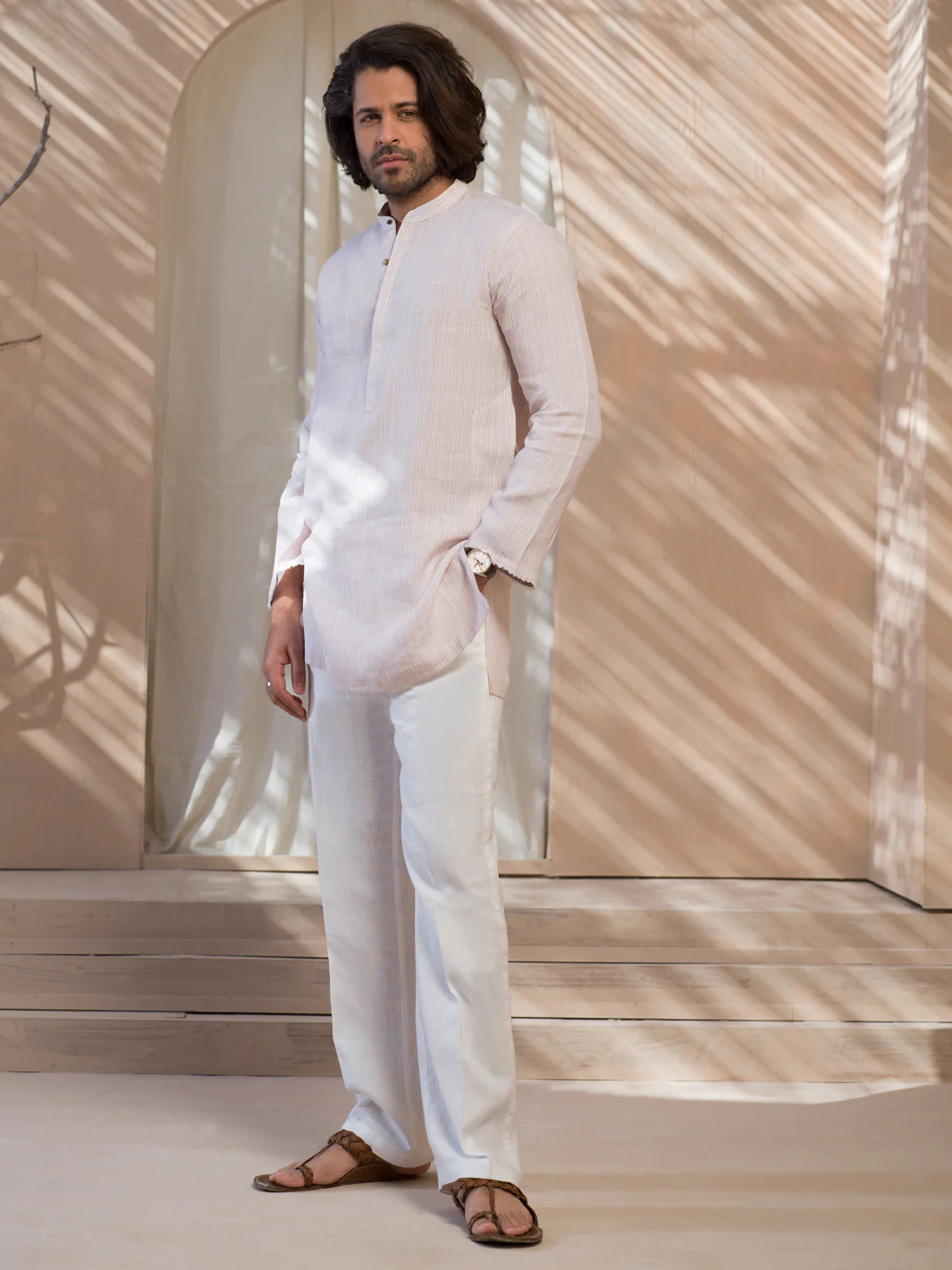 Pink Pin Striped Linen Short Kurta - ALCR-K-001