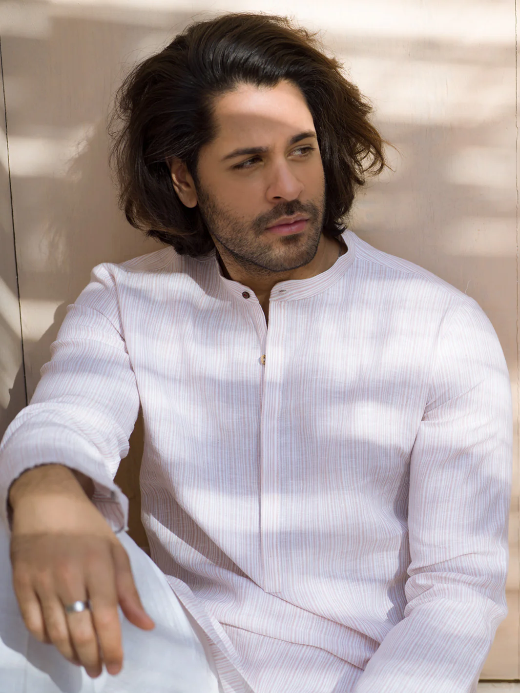 Pink Pin Striped Linen Short Kurta - ALCR-K-001 - Image 2