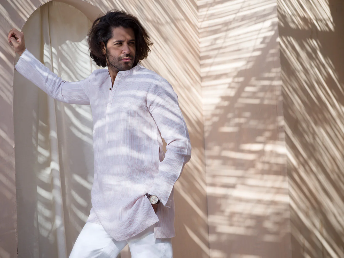 Pink Pin Striped Linen Short Kurta - ALCR-K-001 - Image 3
