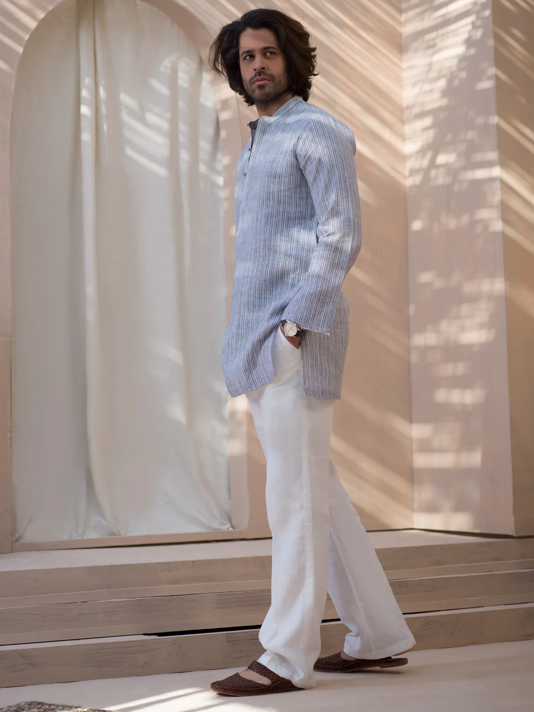 Grey Pin Striped Linen Short Kurta - ALCR-K-002