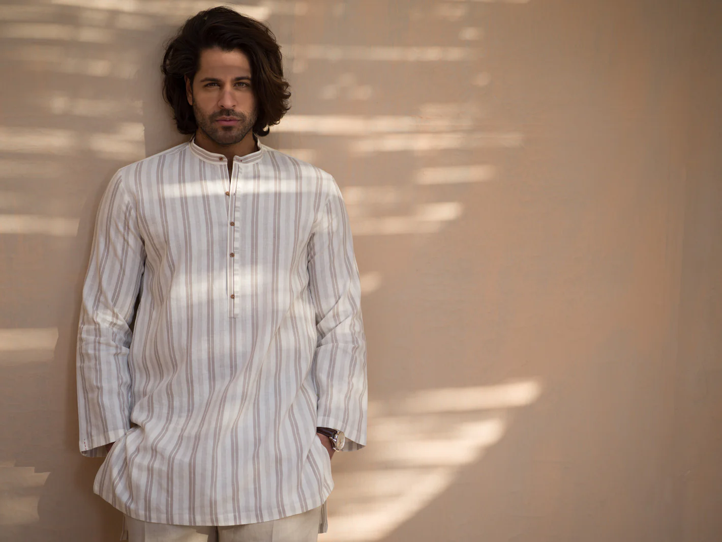 Brown & White Striped Linen Short Kurta - ALCR-K-003 - Image 3