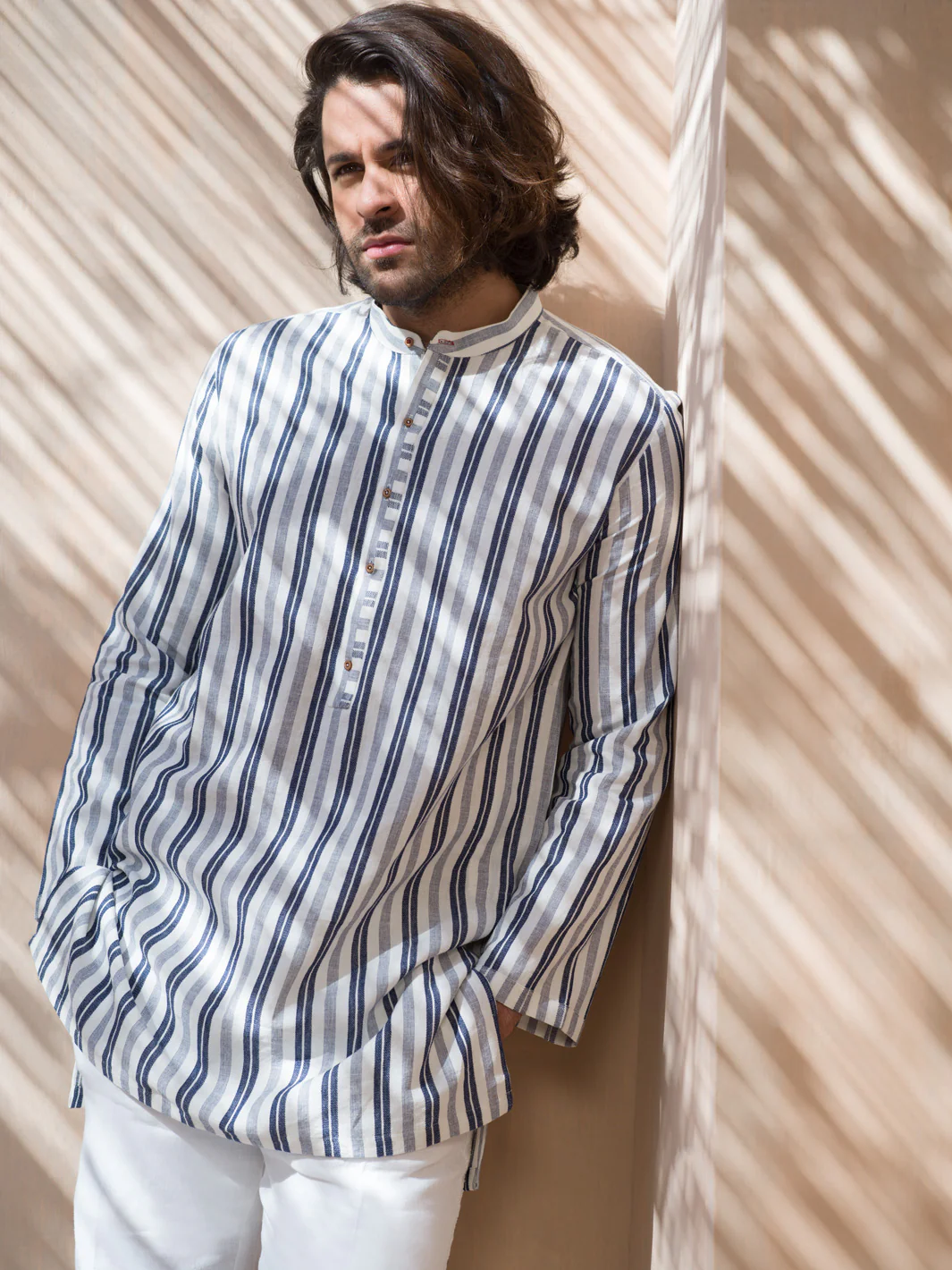 Blue & White Striped Linen Short Kurta - ALCR-K-004 - Image 2