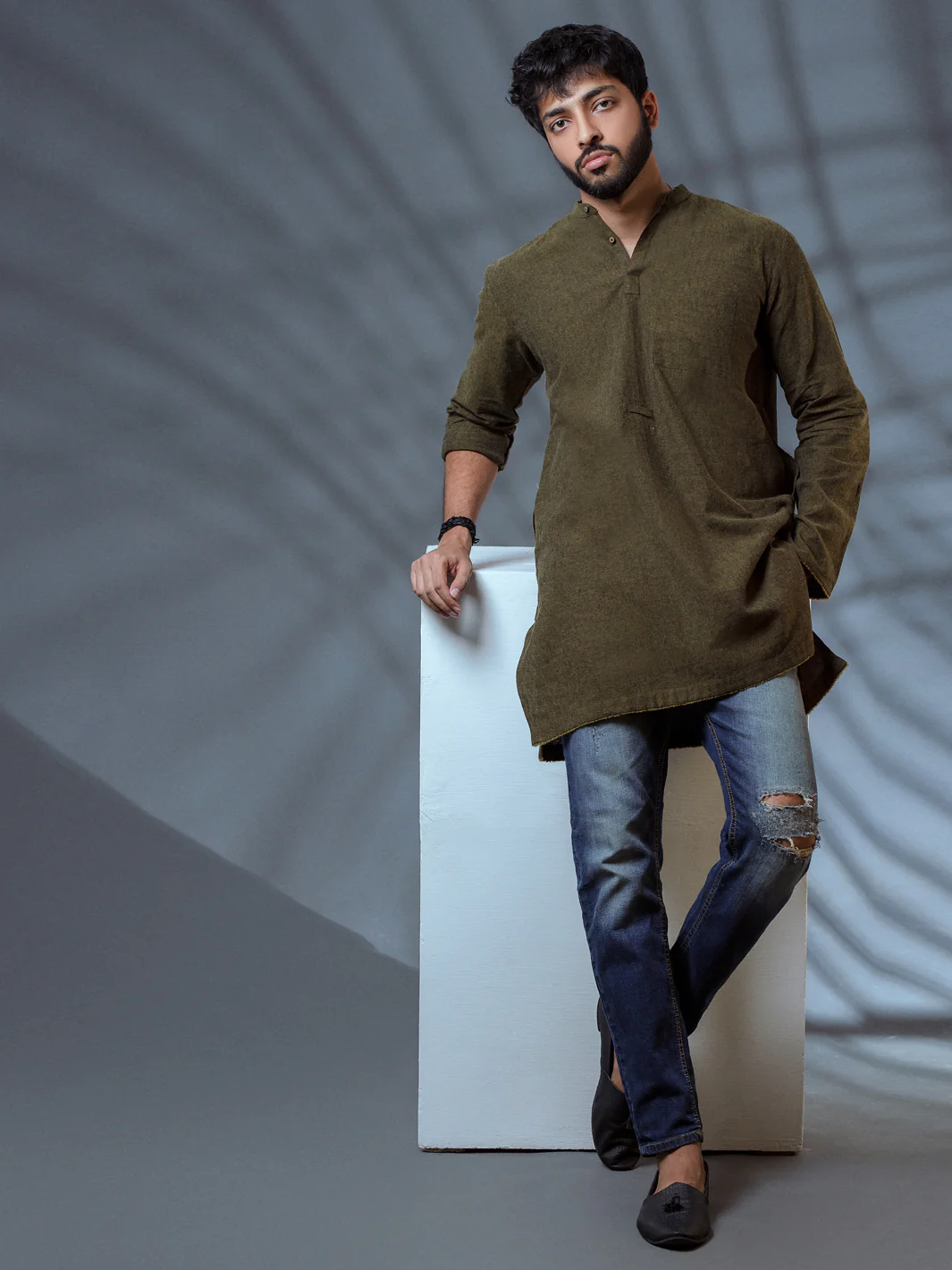 Green Linen Short Kurta - ALCR-K-008