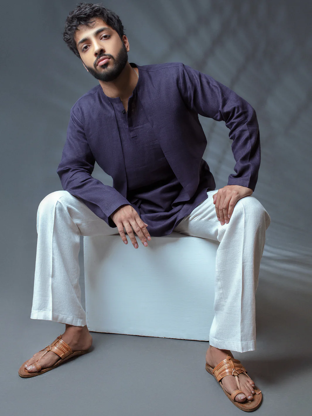 Deep Purple Linen Short Kurta - ALCR-K-009 - Image 2