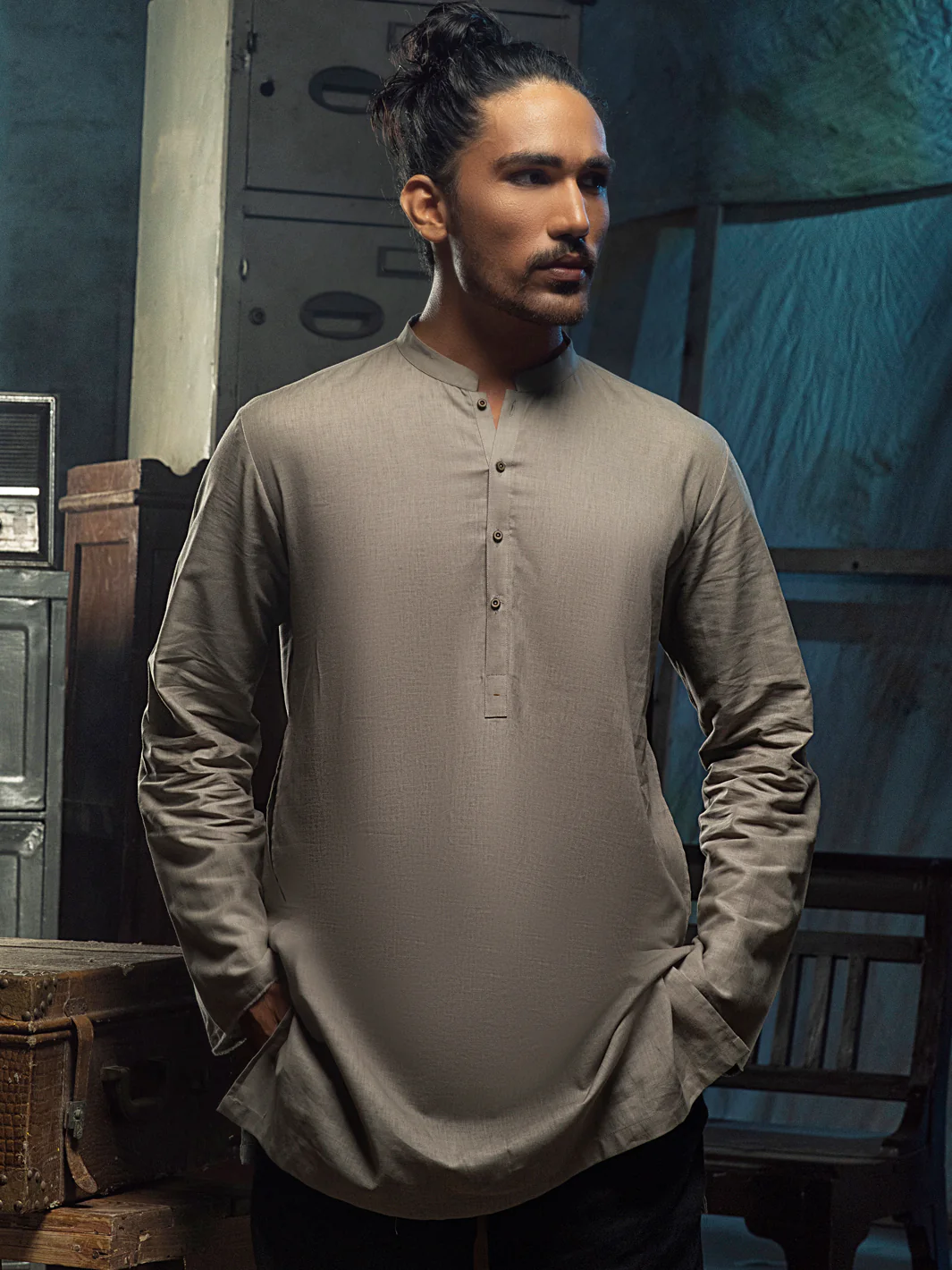 Khaki Linen Short Kurta - ALCR-K-012