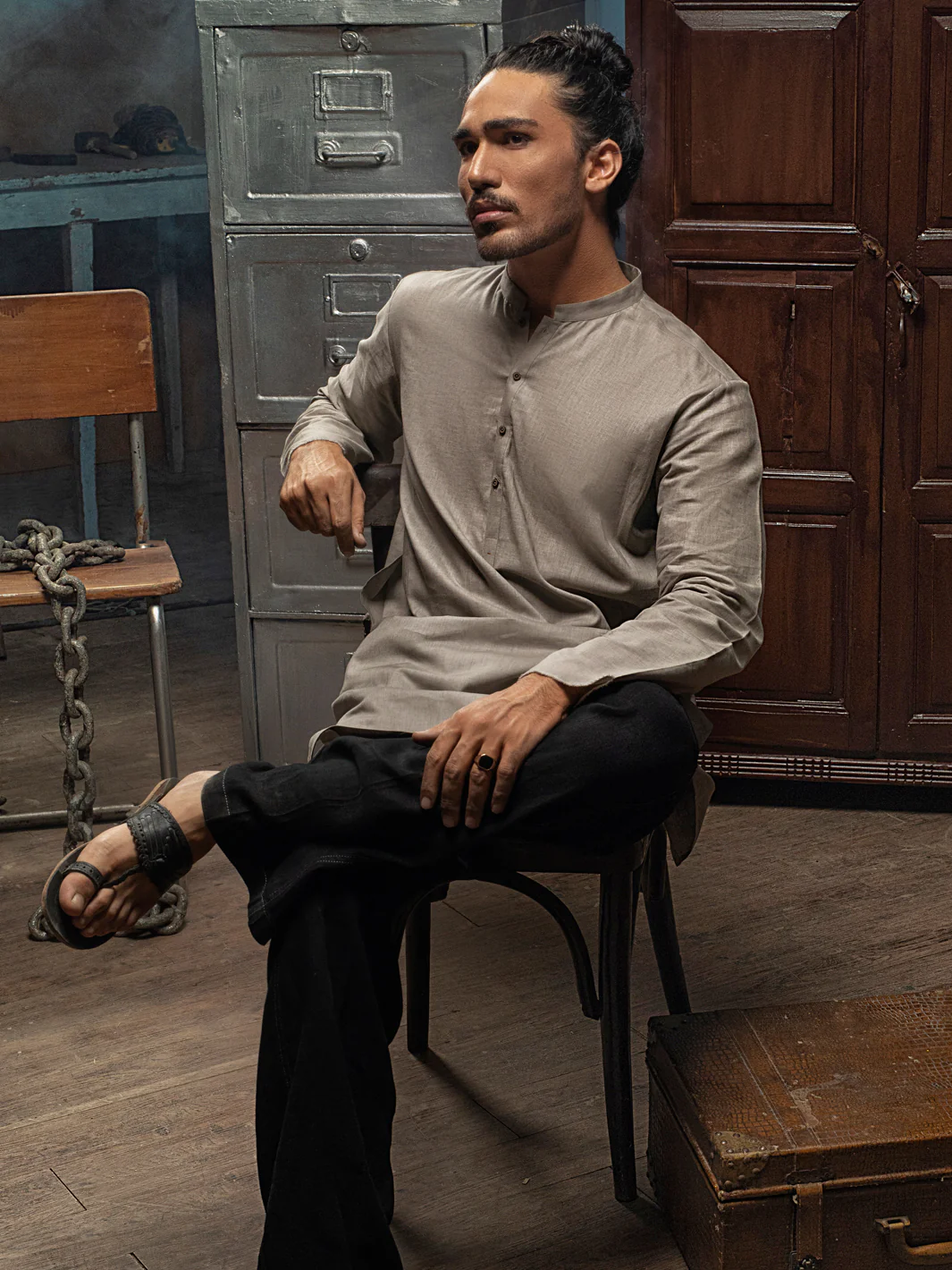 Khaki Linen Short Kurta - ALCR-K-012 - Image 2