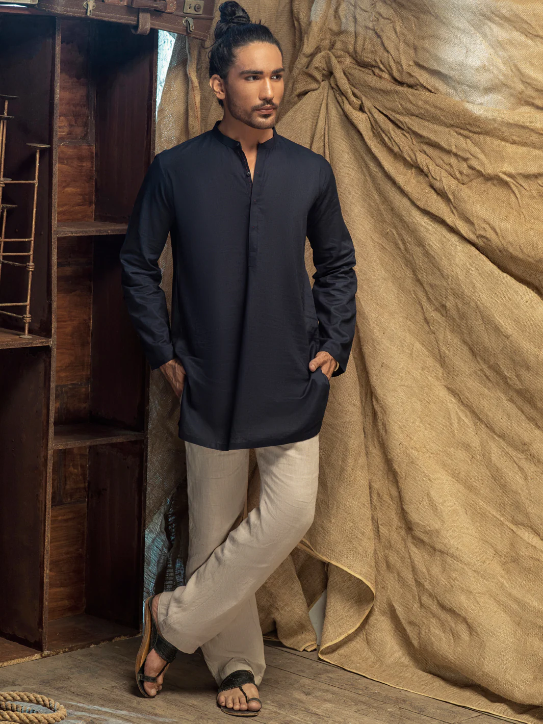 Indigo Blue Linen Short Kurta - ALCR-K-013