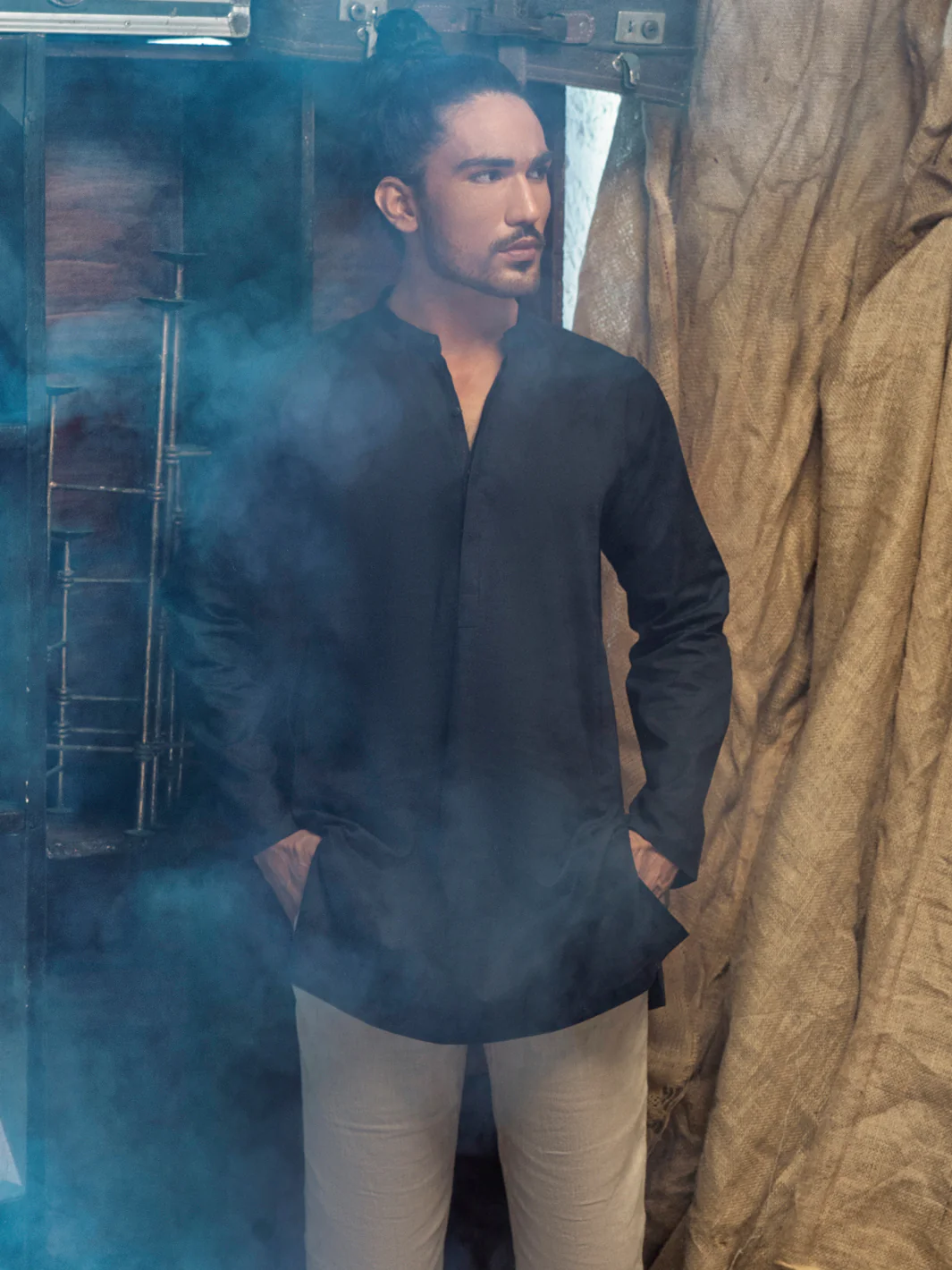 Indigo Blue Linen Short Kurta - ALCR-K-013 - Image 2