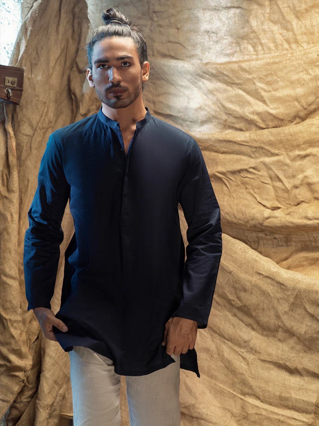 Indigo Blue Linen Short Kurta - ALCR-K-013 - Image 4