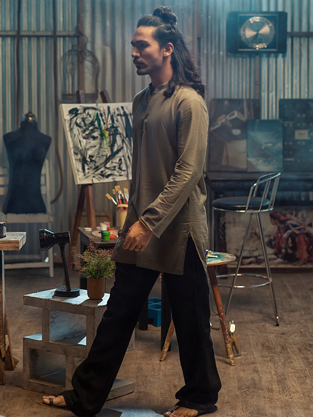 Olive Linen Short Kurta - ALCR-K-014 - Image 3